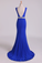 2022 Open Back Column Prom Dresses V Neck Dark Royal Blue Beaded Waistline Sweep Train
