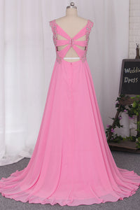 2024 Sexy Open Back Straps A Line With Beads And Ruffles Chiffon Prom Dresses
