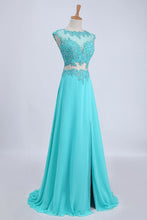 Load image into Gallery viewer, 2024 Two Pieces Prom Dresses Bateau Backless A Line Chiffon Sweep Train With Slit
