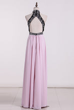 Load image into Gallery viewer, 2024 Chiffon High Neck Open Back Prom Dresses Beaded Bodice A Line