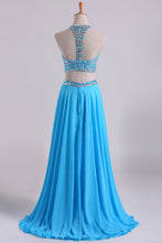 Load image into Gallery viewer, 2022 Two-Piece A Line Prom Dresses Beaded Bodice Open Back Chiffon &amp; Tulle