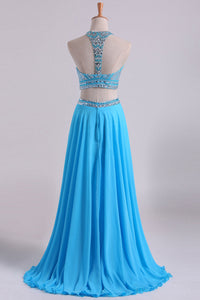 2022 Two-Piece A Line Prom Dresses Beaded Bodice Open Back Chiffon & Tulle