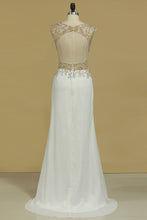 Load image into Gallery viewer, 2022 Sexy Open Back Bateau Chiffon With Slit And Beading Prom Dresses Floor Length