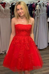 Strapless Homecoming Dresses Lace Jocelynn Red Appliques Short CD10959
