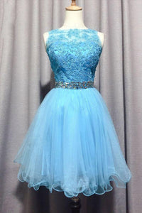 Lace Jacquelyn Homecoming Dresses Light Blue Appliques Short CD23256