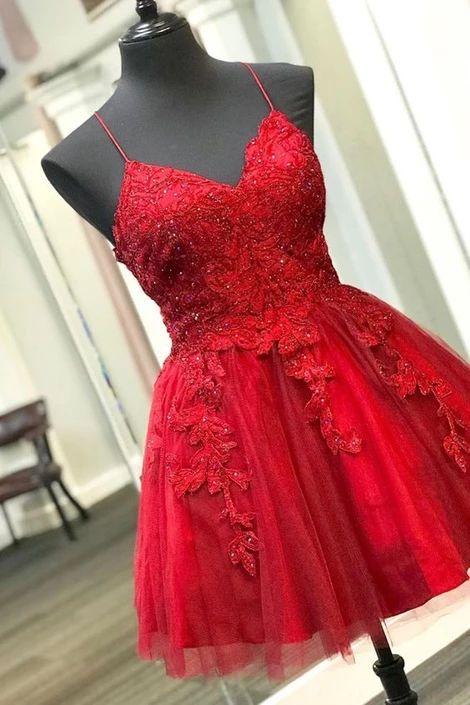 Straps Appliqued Lilianna Lace Homecoming Dresses Red Short CD4200