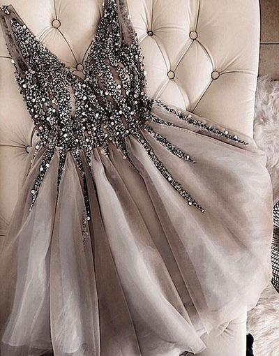 Gray V-Neck Kayla Homecoming Dresses Beaded Tulle CD6682