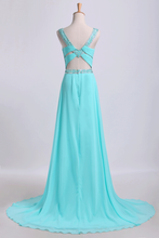 Load image into Gallery viewer, 2022 Open Back Halter Prom Dresses A Line Sweep Train Chiffon With Beads&amp;Ruffles