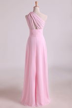 Load image into Gallery viewer, 2022 One Shoulder A Line Chiffon Bridesmaid Dresses With Ruffles Pearl Pink