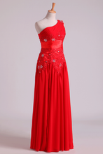 Load image into Gallery viewer, 2022 Red One Shoulder A Line Prom Dresses With Applique &amp; Ruffles Floor Length