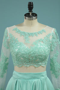 2024 Prom Dresses A-Line Scoop Floor-Length Satin & Lace Color Mint