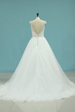 Load image into Gallery viewer, 2024 A Line Open Back V Neck Wedding Dresses Tulle With Applique And Beading Chapel Train