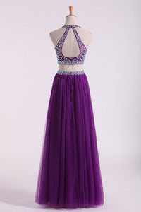 2024 Halter Two Pieces A Line Prom Dresses Beaded Bodice Tulle Floor Length