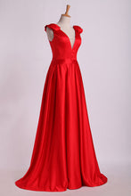 Load image into Gallery viewer, 2024 Evening Dress V-Neck Bubble Shoulder A-Line Satin Floor-Length