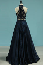 Load image into Gallery viewer, 2024 New Prom Dresses A-Line Scoop Floor-Length Lace And Satin With Side Pockets