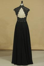 Load image into Gallery viewer, 2022 Black High Neck Prom Dresses A Line Chiffon With Applique And Beads