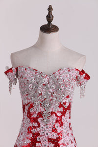 2024 Prom Dresses Sweep Train Mermaid Off-The-Shoulder Sequins Lace Red