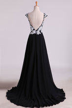 Load image into Gallery viewer, 2022 Prom Dresses A Line Scoop Open Back With Applique &amp; Slit Sweep Train Chiffon