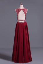 Load image into Gallery viewer, 2022 Burgundy/Maroon Scoop A Line Prom Dresses Chiffon A Line With Beading