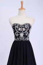 Load image into Gallery viewer, 2024 Dark Navy Blue Prom Dresses Sweetheart Floor Length Chiffon With Silver Beading