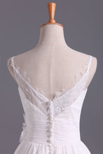 Load image into Gallery viewer, 2024 Spaghetti Straps With Applique &amp; Handmade Flowers Chiffon A Line Wedding Dresses