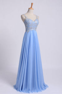 2022 Low Back Straps A Line Chiffon Prom Dress With Lace Bodice