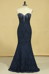 2022 Mermaid Sweetheart Prom Dresses Lace With Beading And Applique Dark Navy Plus Size
