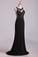 2022 Popular Black Scoop Sheath/Column Prom Dresses With Beading And Applique