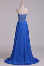 Load image into Gallery viewer, 2024 New Arrival Dark Royal Blue Sweetheart Prom Dresses A Line With Beaded Bodice Chiffon