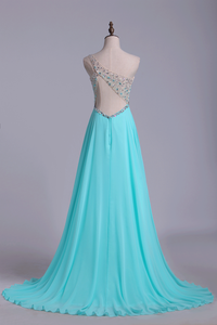 2022 Prom Dresses A Line One Shoulder Tulle & Chiffon Sweep Train With Beading