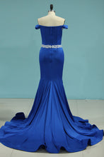 Load image into Gallery viewer, 2024 Prom Dresses Off The Shoulder Beaded Waistline Spandex Sweep Train