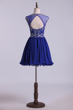 Load image into Gallery viewer, 2024 Scoop A Line Dark Royal Blue Homecoming Dresses Beaded Bodice Tulle&amp;Chiffon Short