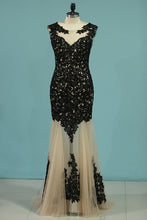 Load image into Gallery viewer, 2024 Mermaid V Neck Tulle With Applique Sweep Train Prom Dresses