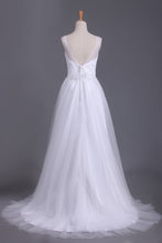 Load image into Gallery viewer, 2022 A Line V Neck Open Back Wedding Dresses Tulle With Ruffles And Handmade Flowers