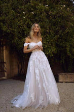 Load image into Gallery viewer, Simple A-Line Off The Shoulder White Beach Wedding Dresses