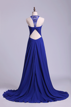 Load image into Gallery viewer, 2022 Unique Dark Royal Blue Prom Dress Scoop A Line Chiffon With Beads&amp;Ruffles