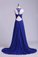 2022 Unique Dark Royal Blue Prom Dress Scoop A Line Chiffon With Beads&Ruffles