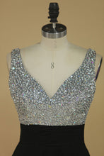 Load image into Gallery viewer, 2024 V Neck Prom Dresses A Line Beaded Bodice Chiffon Sweep Train