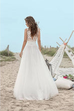 Load image into Gallery viewer, A-Line V-Neck Sleeveless Tulle Lace Floor-Length Open Back Beach Wedding Dress