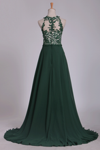 Load image into Gallery viewer, 2022 Scoop Chiffon With Applique And Beads Prom Dresses A Line Sweep Train