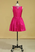 Load image into Gallery viewer, 2022 Scoop A Line Short Homecoming Dresses Taffeta Beaded With Ribbon Fuchsia